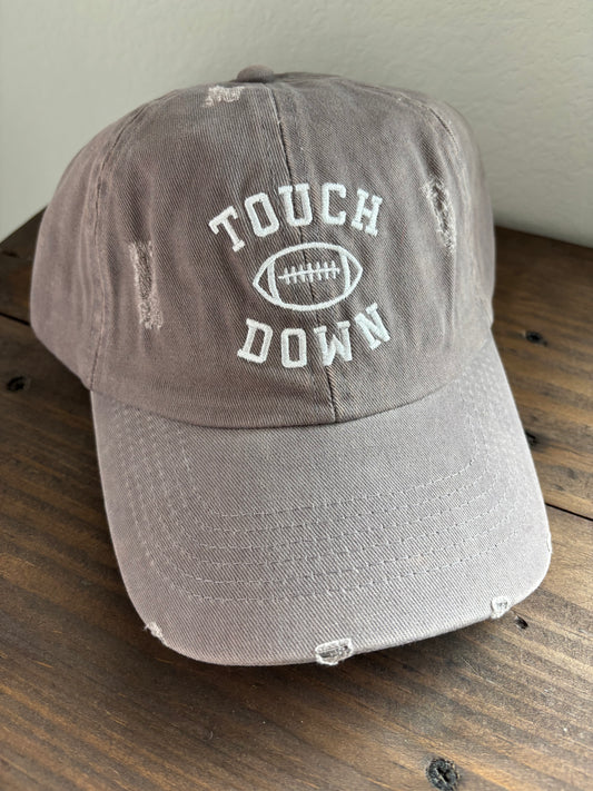 Game Day Touch Down Football Embroidered Baseball Hat - Gray Distressed
