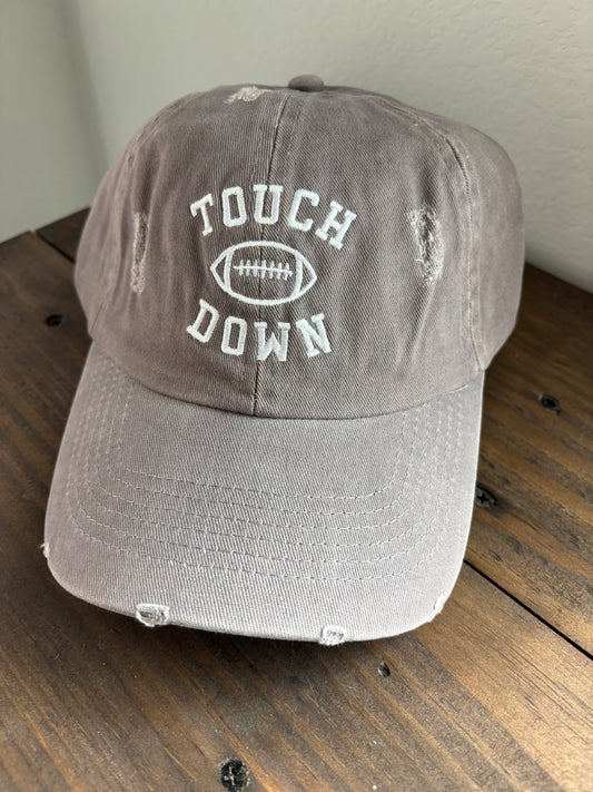 Game Day Touch Down Football Embroidered Baseball Hat - Gray Distressed