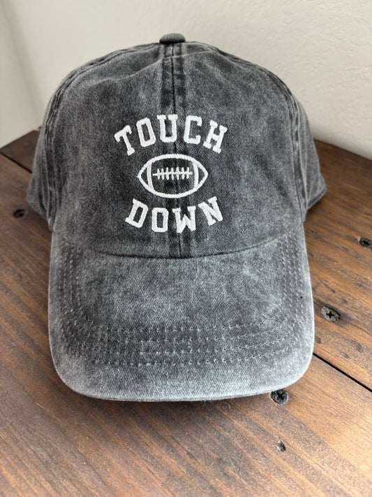 Game Day Touch Down Football Embroidered Baseball Hat - Black