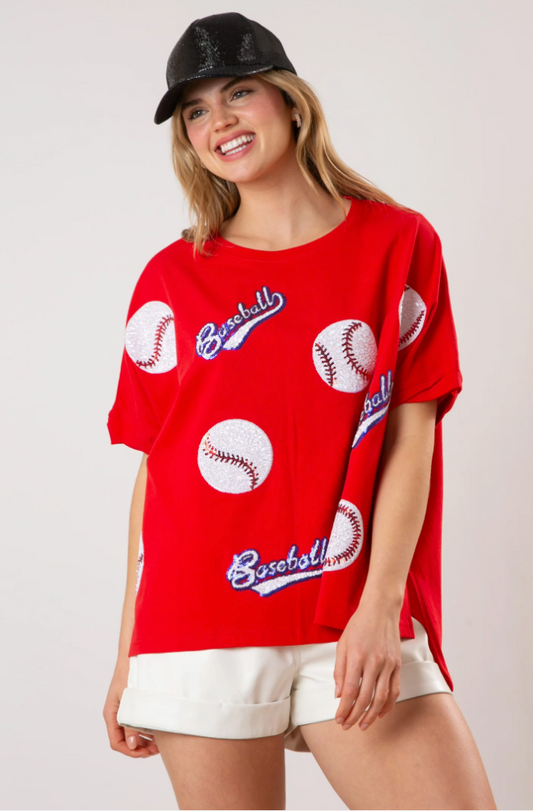 Sequin Baseball Oversized Top - RED