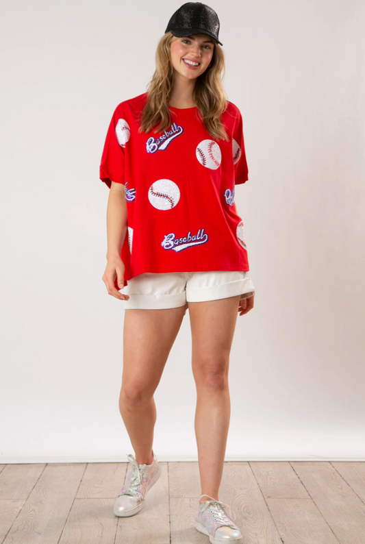 Sequin Baseball Oversized Top - RED