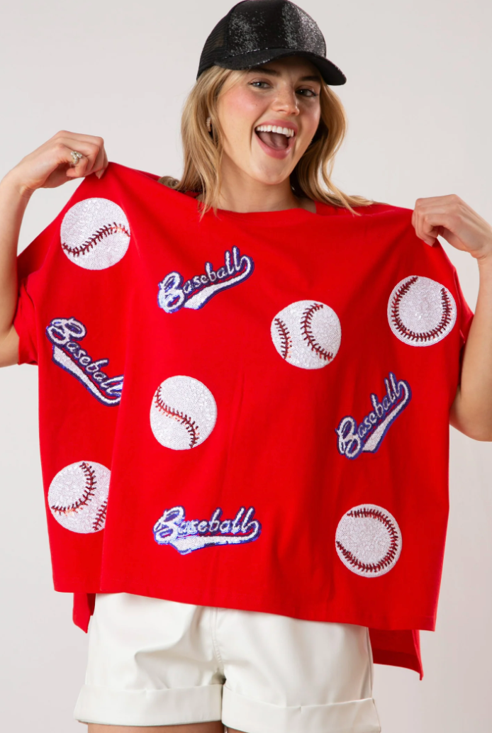 Sequin Baseball Oversized Top - RED
