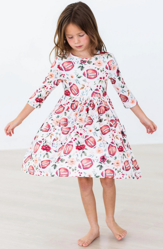 Footballs & Flowers 3/4 Sleeve Pocket Twirl Dress