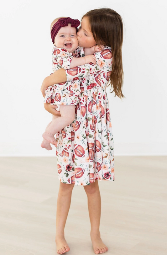Footballs & Flowers 3/4 Sleeve Pocket Twirl Dress
