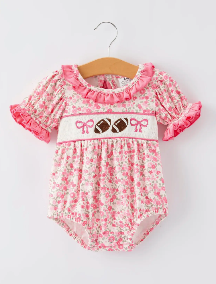 Football Smocking Bow Embroidered Girls Romper