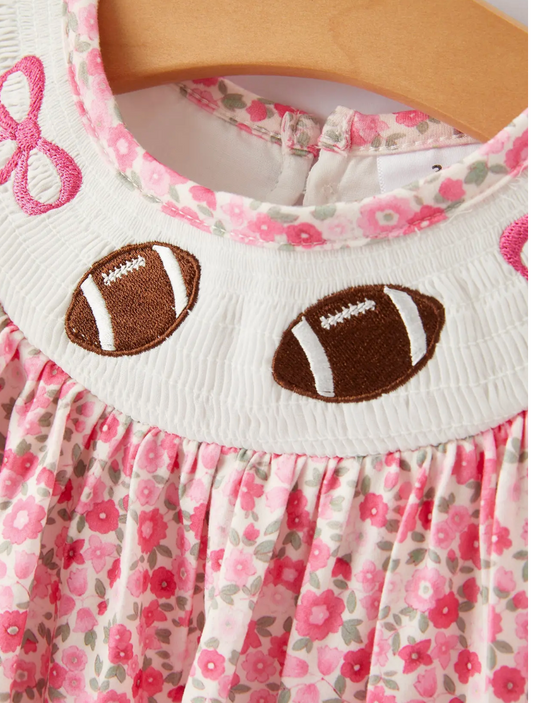 Football Smocking Bow Embroidered Girls Dress