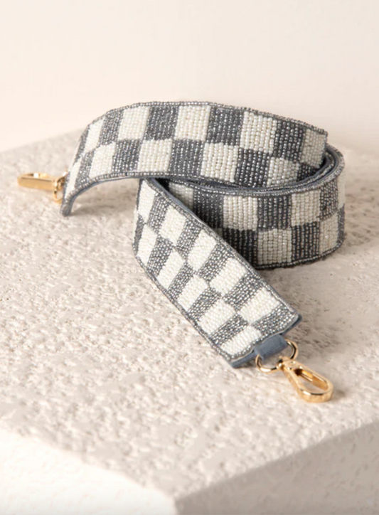 Check Pattern Beaded Bag Strap in Silver