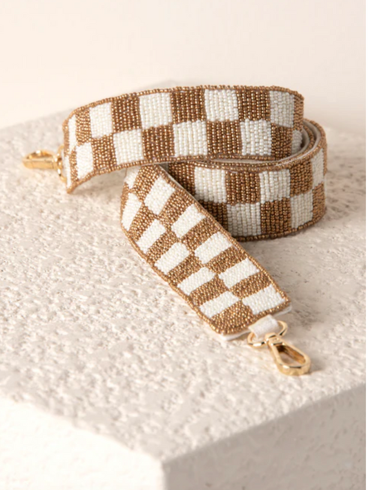 Check Pattern Beaded Bag Strap in Gold