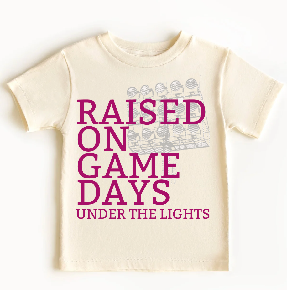 Raised On Game Days Under The Lights Kids in Pink T-Shirt