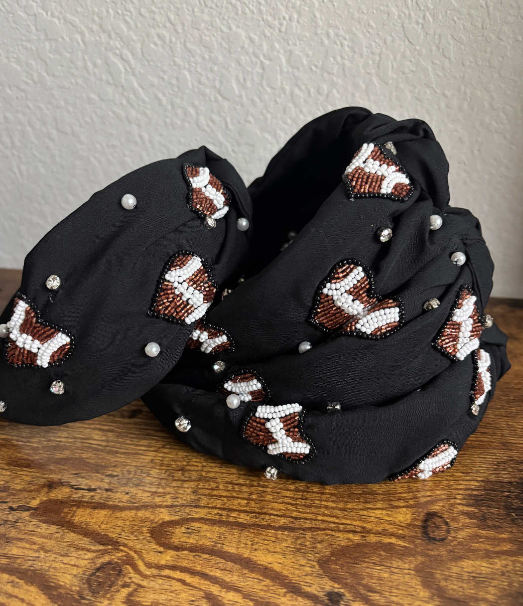 Black Football Heart Top Knotted Beaded Headband