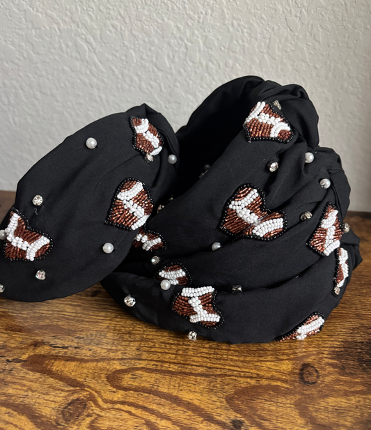 Black Football Heart Top Knotted Beaded Headband
