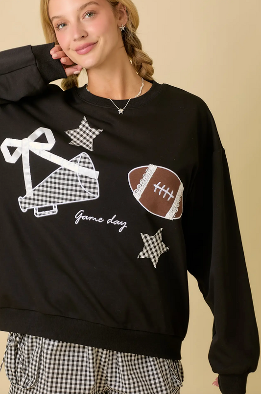 Football Game Day Patchwork Crewneck - Black