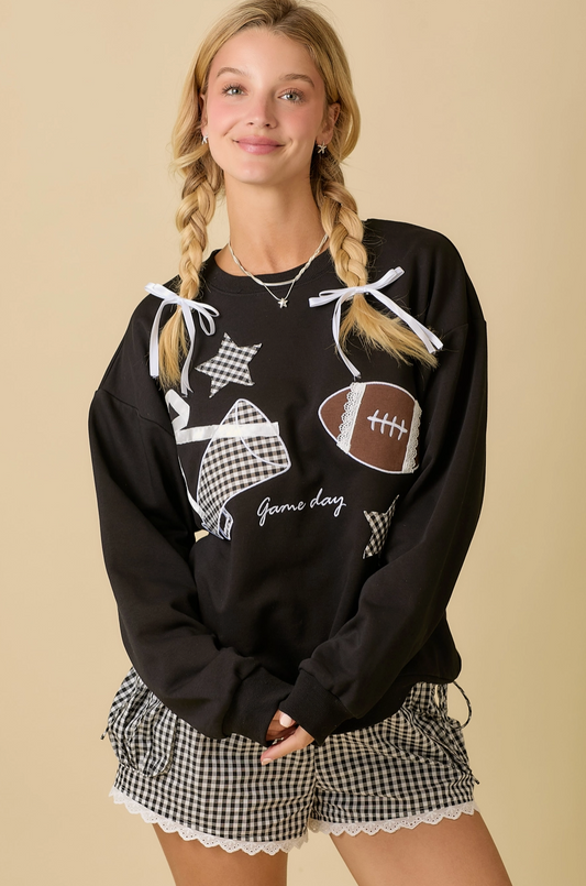 Football Game Day Patchwork Crewneck - Black