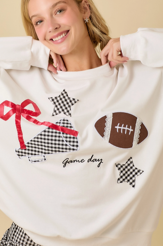 Football Game Day Patchwork Crewneck - White