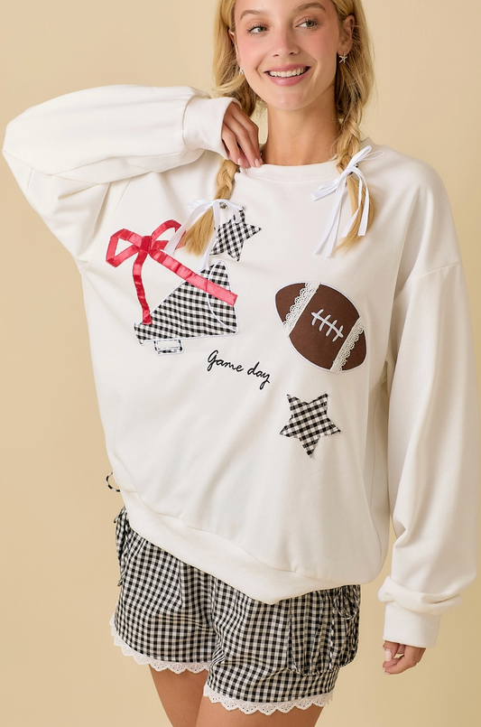Football Game Day Patchwork Crewneck - White