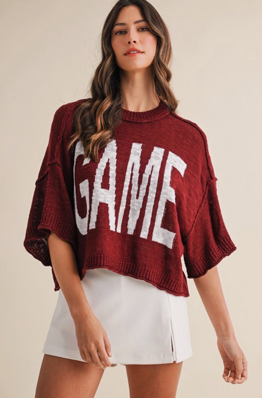 Game Day Lettering Loose Fit Crop Sweater Top - Maroon