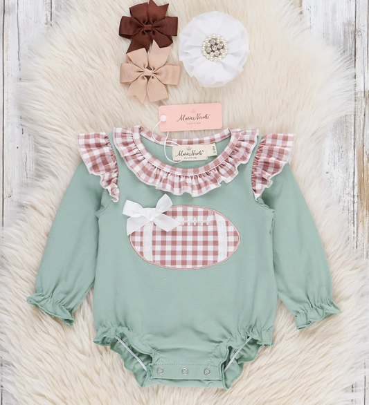 First Down Embroidered Gingham Football Ruffle Romper