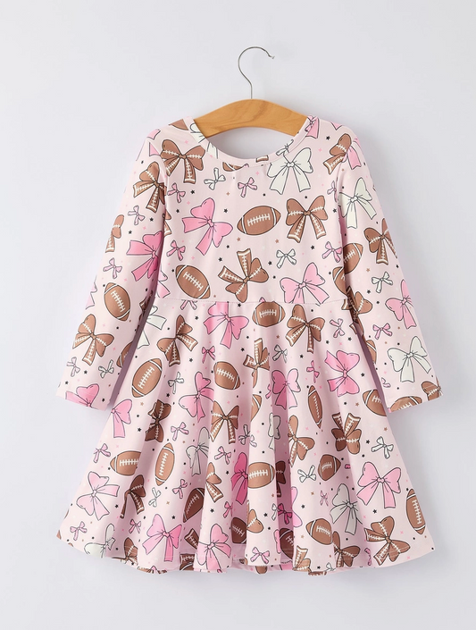 Girls Pink Dress with Football and Bow Print