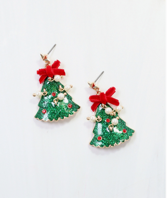 Christmas Tree Earring with Bow and Pearls Green