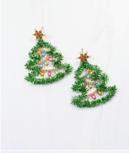 Tis the Season Tinsel Tree Earring Green