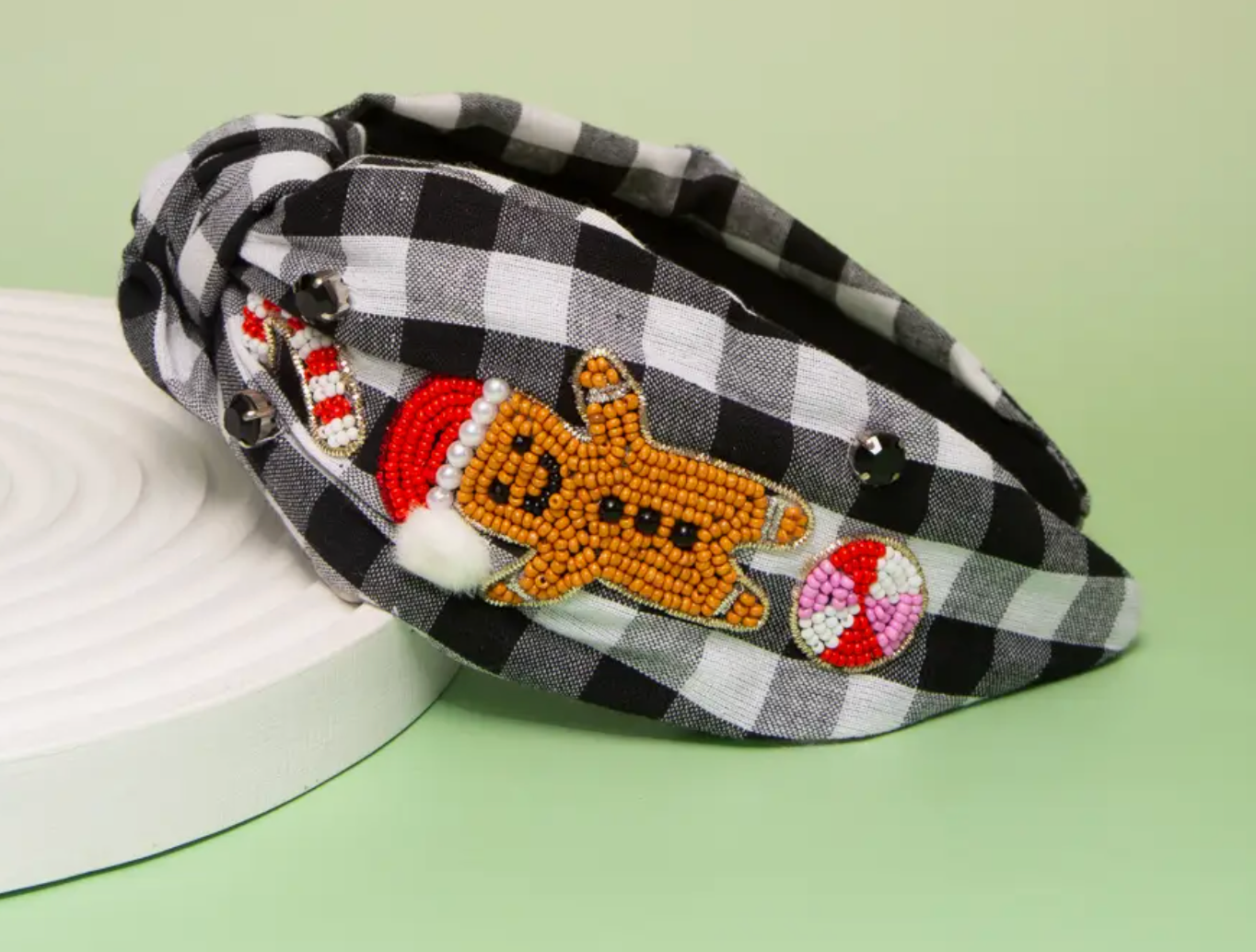 Christmas Gingerbread Man Seed Beaded Top Knotted Headband