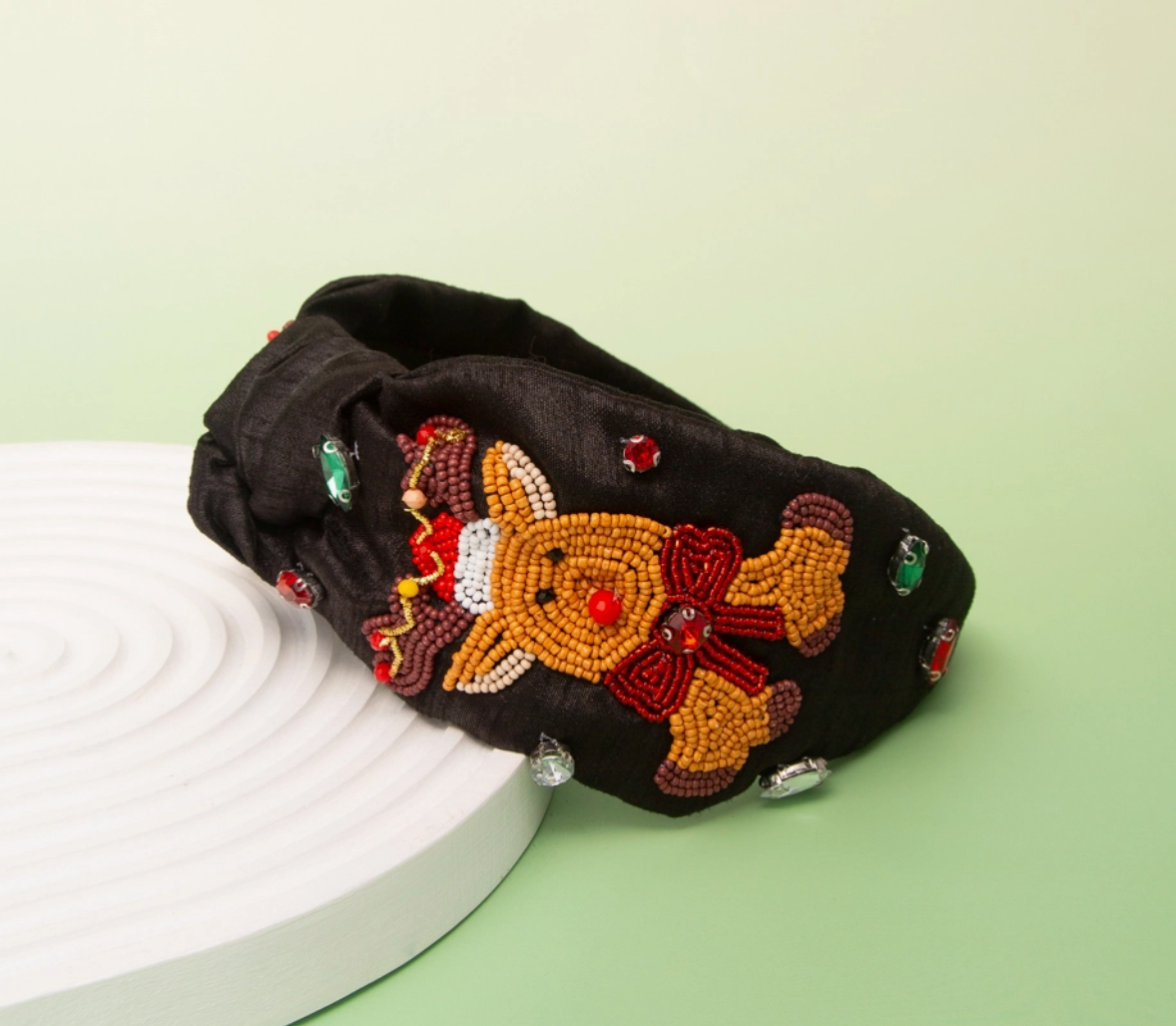 Christmas Red Nose Reindeer Beaded Headband - Black