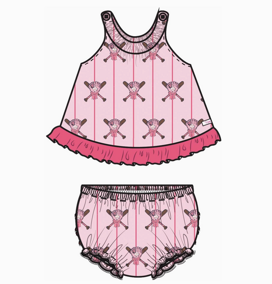Baby Girls Pink Batter Up Baseball Knit Swing Top & Bloomer Set- PRE ORDER