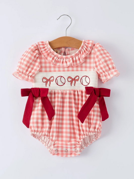 Girls Baseball Bow Smocking Embroidery Plaid Romper - PRE ORDER