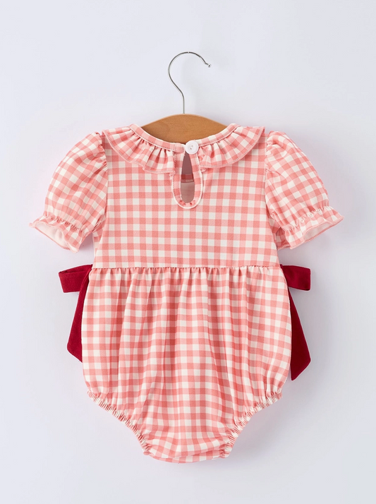 Girls Baseball Bow Smocking Embroidery Plaid Romper - PRE ORDER
