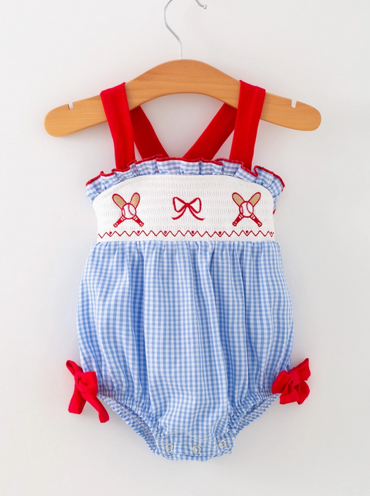 Baby Girls Baseball Smocked Romper – Blue Plaid Summer Outfit - PRE ORDER