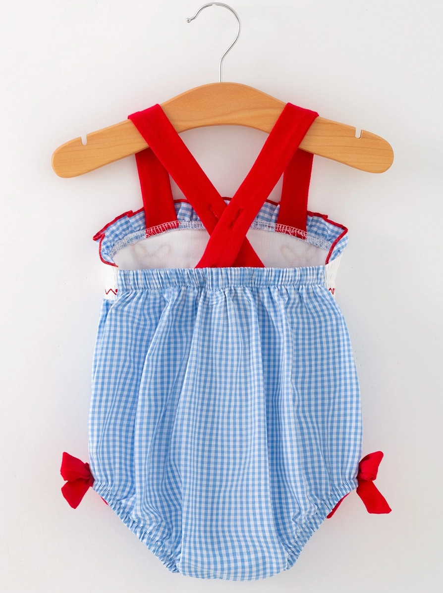 Baby Girls Baseball Smocked Romper – Blue Plaid Summer Outfit - PRE ORDER