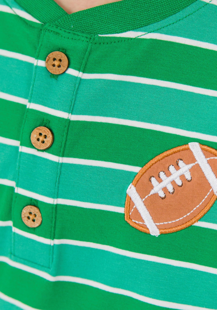 Boys Varsity Football Green Stripe Knit Long Sleeve Embroidered Henley Tee
