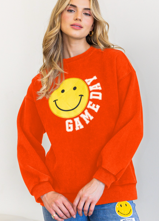 Game Day Smile Face Print Pullover In Orange