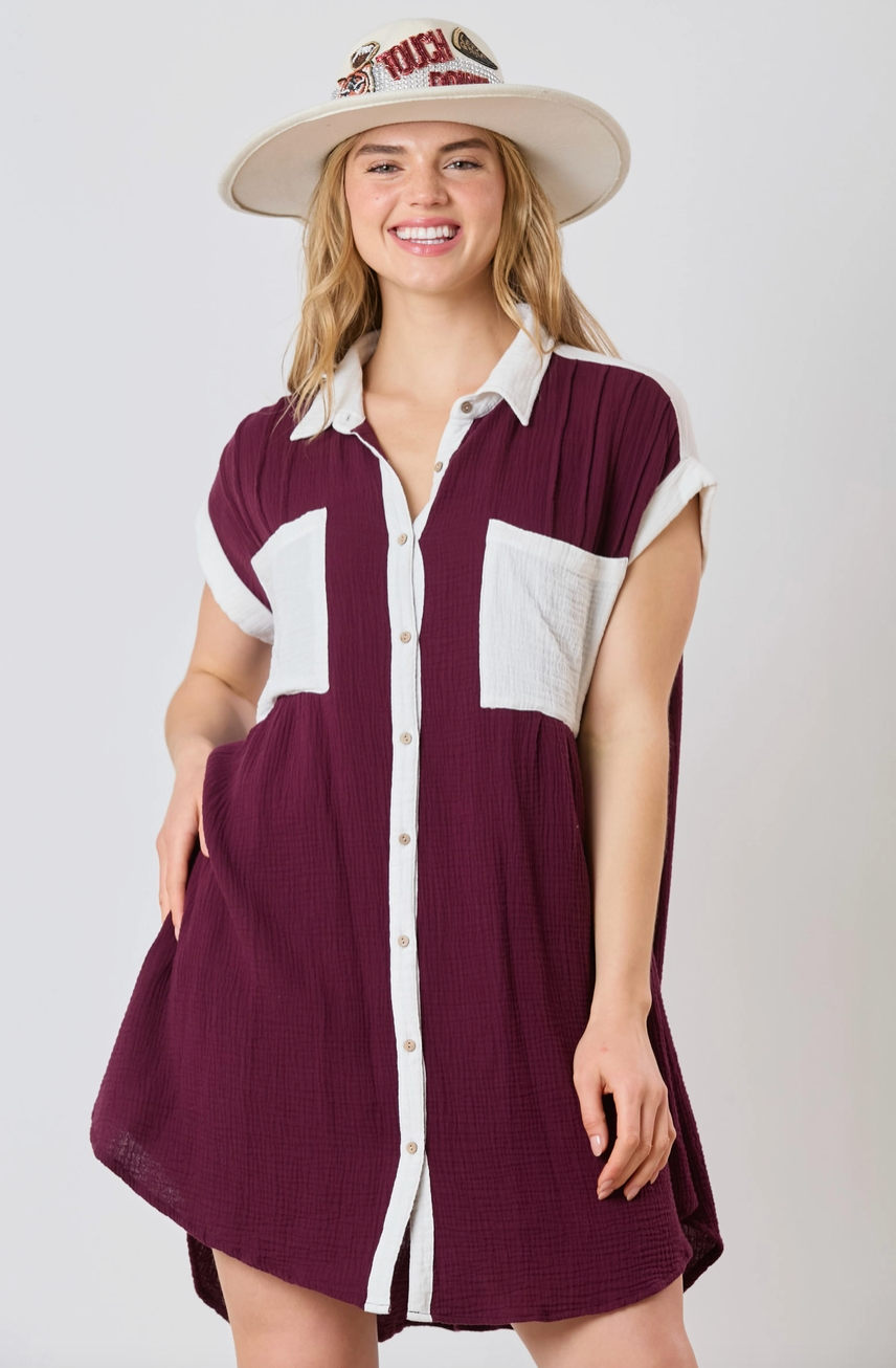 Gauze Color Block Shirt Dress -Maroon