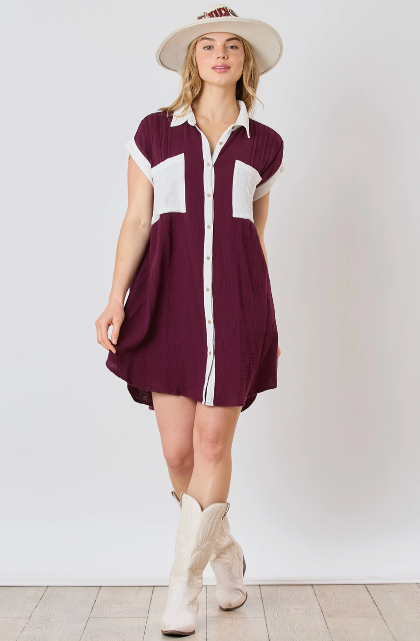 Gauze Color Block Shirt Dress -Maroon