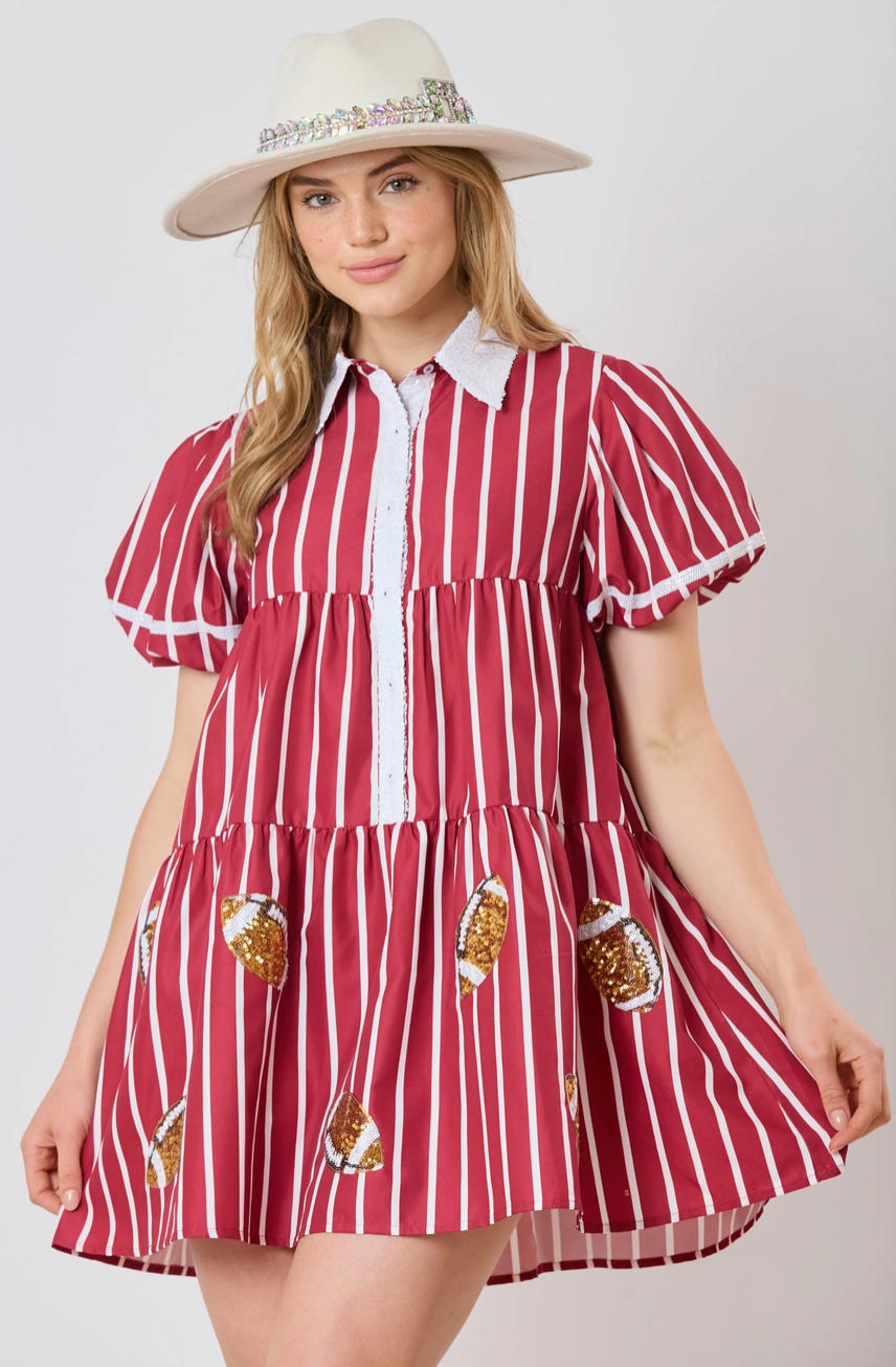 Game Day Sequin Footballs Stripe Shirt Dress - Crimson