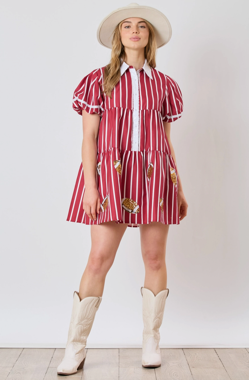 Game Day Sequin Footballs Stripe Shirt Dress - Crimson