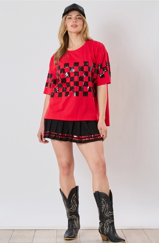 Sequins Checker Short Sleeve Top - Black&Red