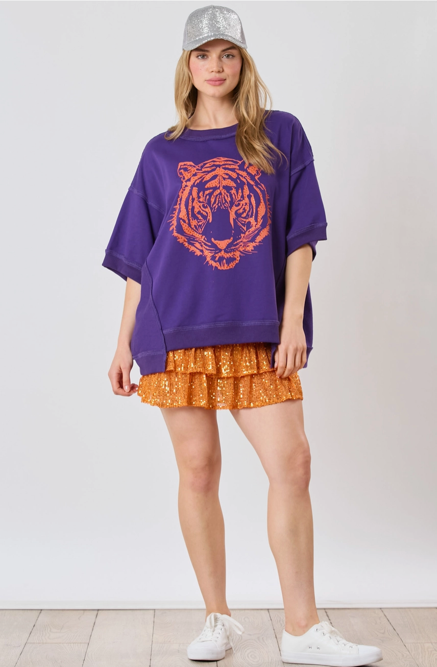 Tiger Head Sequins Embroidery Short Sleeve Top Purple/Orange