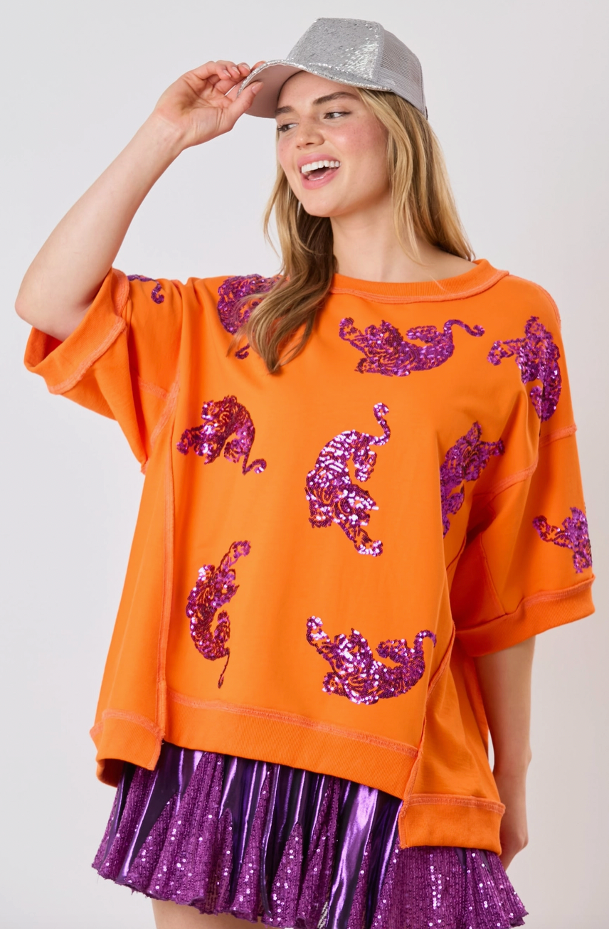 Tigers Sequins Embroidery Short Sleeve Top Orange / Purple