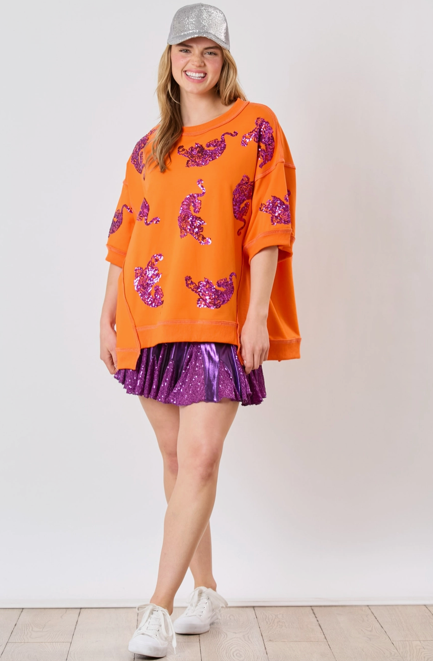 Tigers Sequins Embroidery Short Sleeve Top Orange / Purple
