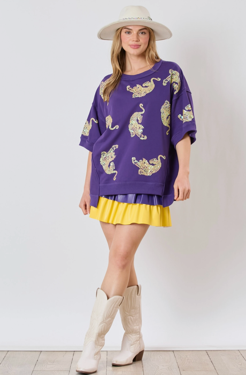 Tigers Sequins Embroidery Short Sleeve Top Purple/Yellow