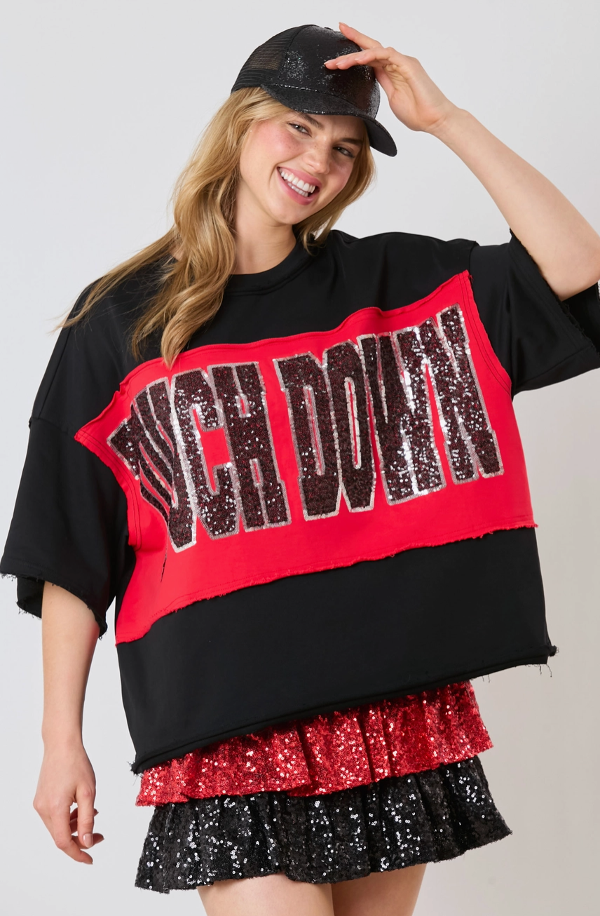 Touch Down Sequin Color Block Short Sleeve Black