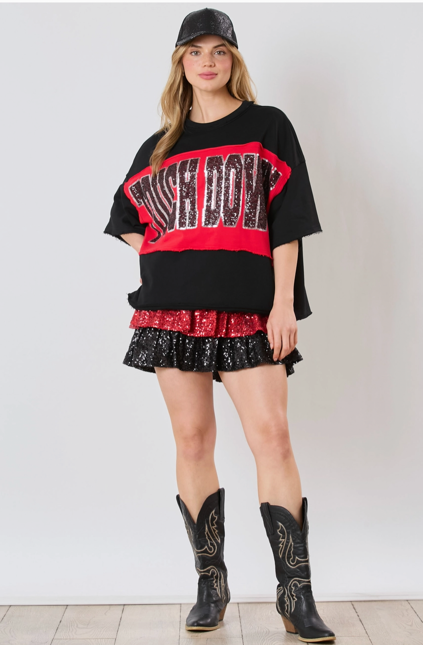 Touch Down Sequin Color Block Short Sleeve Black