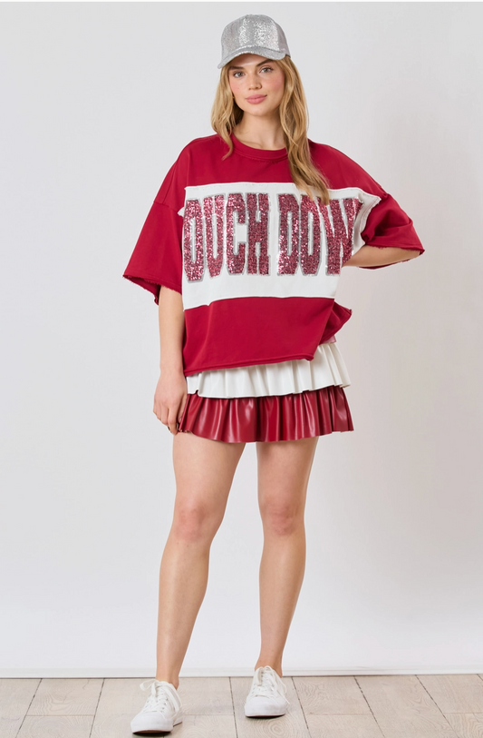 Touch Down Sequin Color Block Short Sleeve Crimson