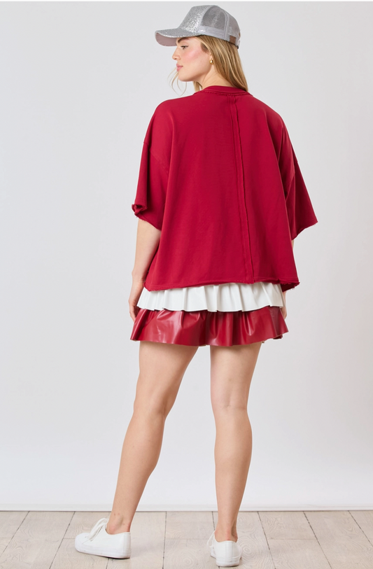 Touch Down Sequin Color Block Short Sleeve Crimson