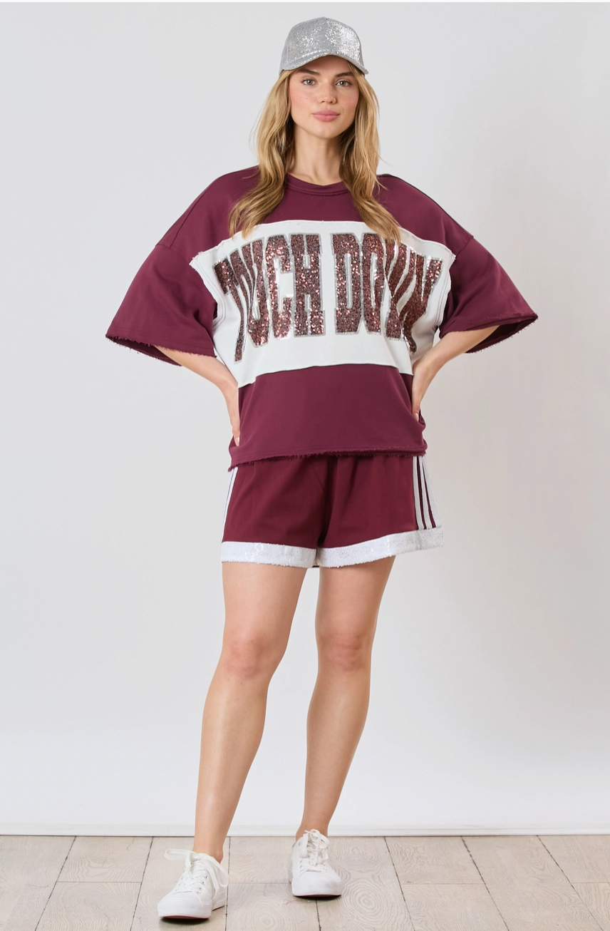Touch Down Sequin Color Block Short Sleeve Maroon