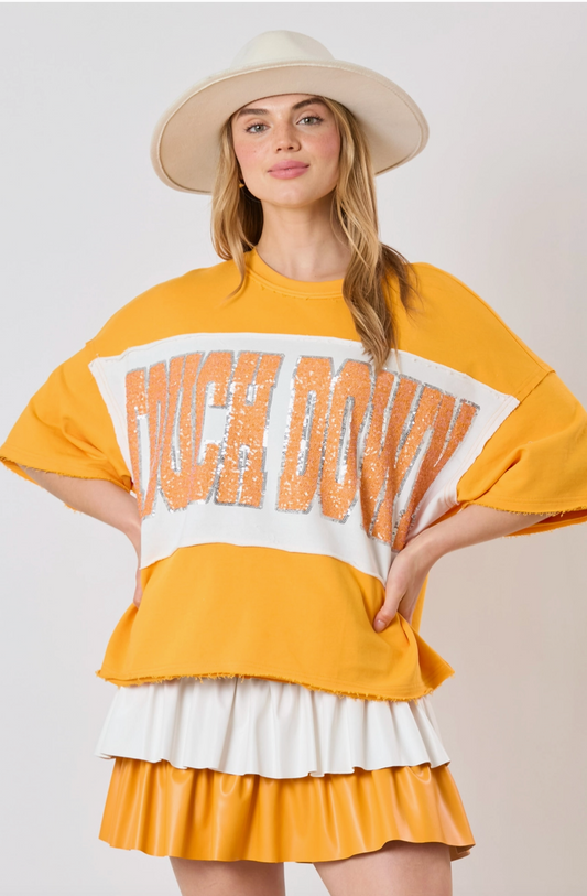 Touch Down Sequin Color Block Short Sleeve Orange