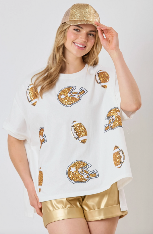 Football& Helmet Sequins Short Sleeve Top White