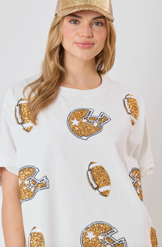 Football& Helmet Sequins Short Sleeve Top White